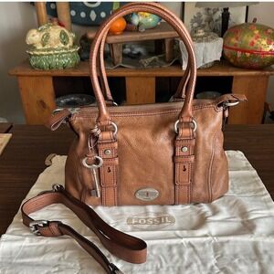 Vintage Fossil Maddox Satchel Crossbody Strap Chestnut Brown Leather Handbag